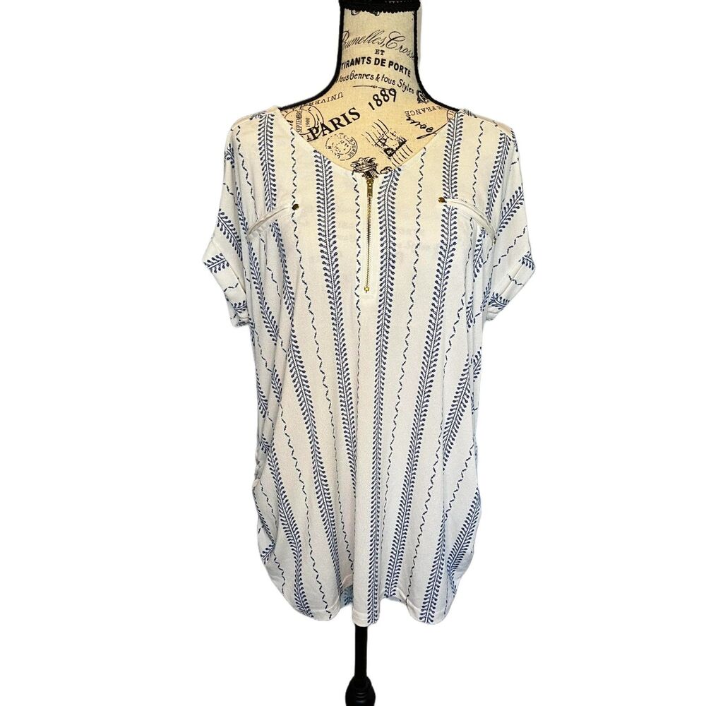 White and Blue Zip-Front Tunic Top - Size Large